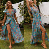 Holiday Long Dress WomenBoho Dresses Lady Boho Floral V-neck Long Maxi Dress Summer Beachwear Sundress